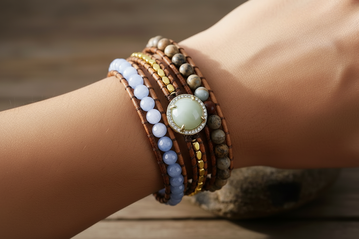 Model wearing leather wrap bracelet – neutral