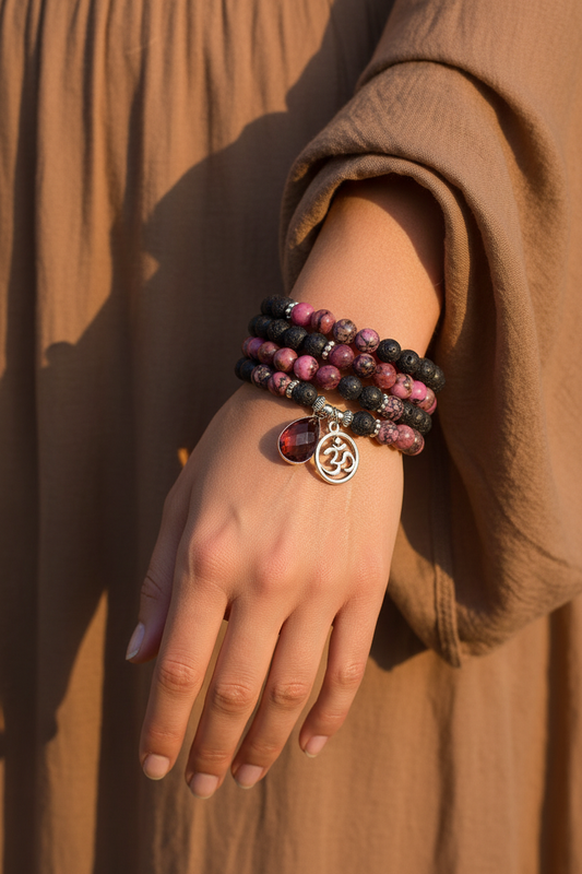 Model wearing Rhodonite & Lava Stone Om Mala