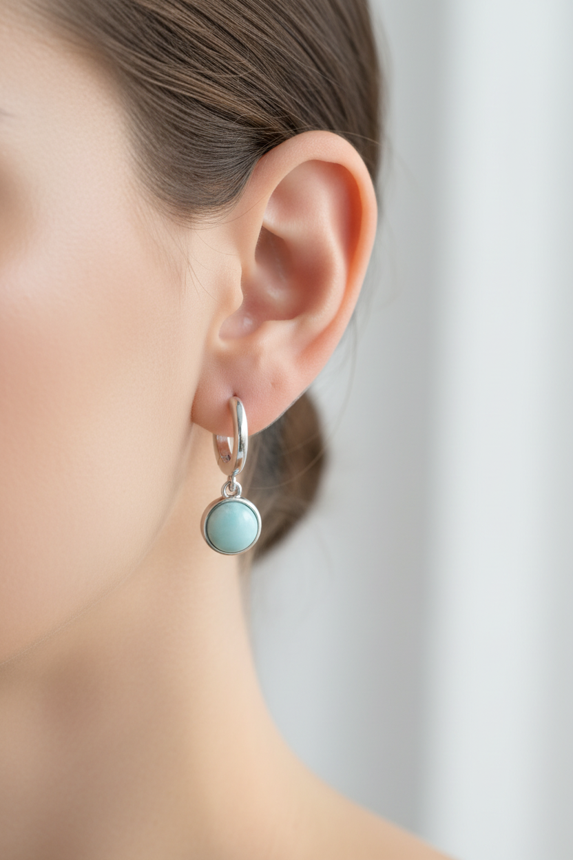 Model wearing turquoise drop earrings