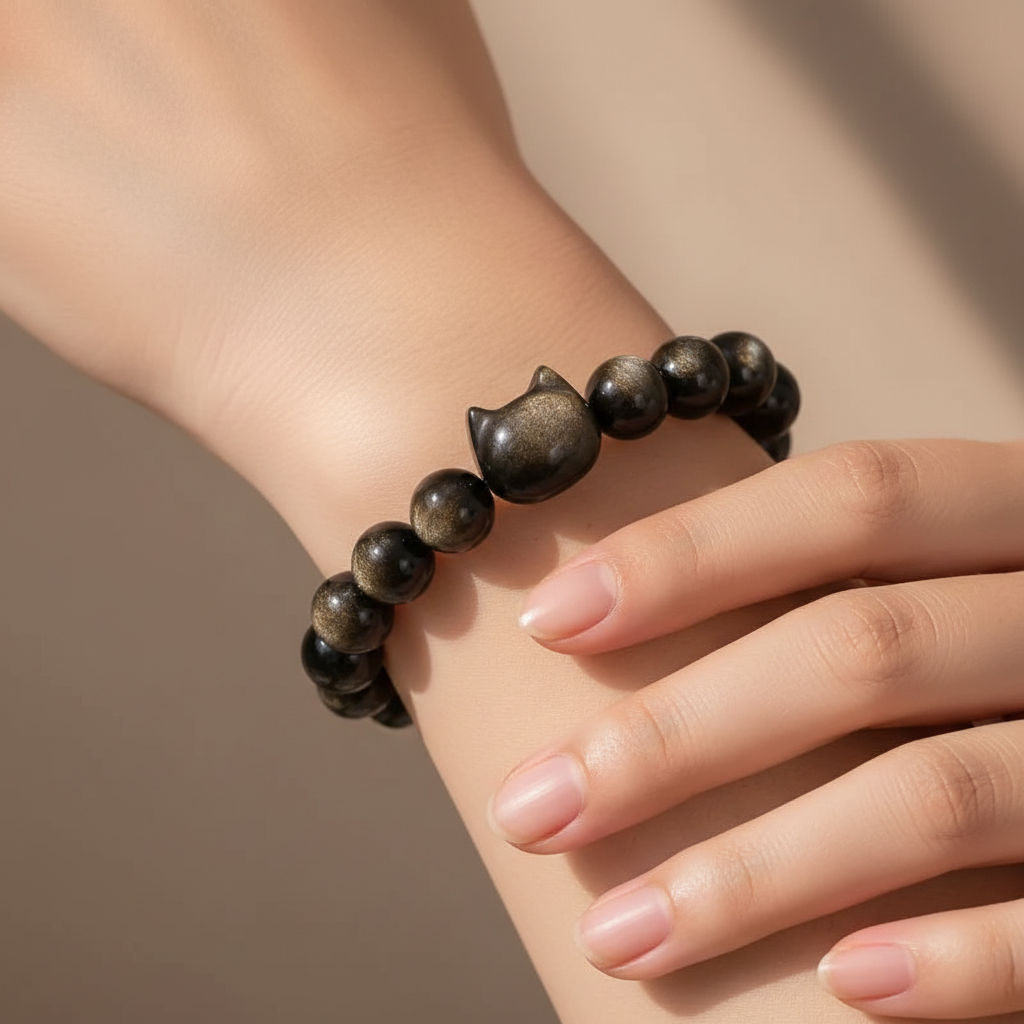 Model's wrist wearing Gold Obsidian cat bracelet
