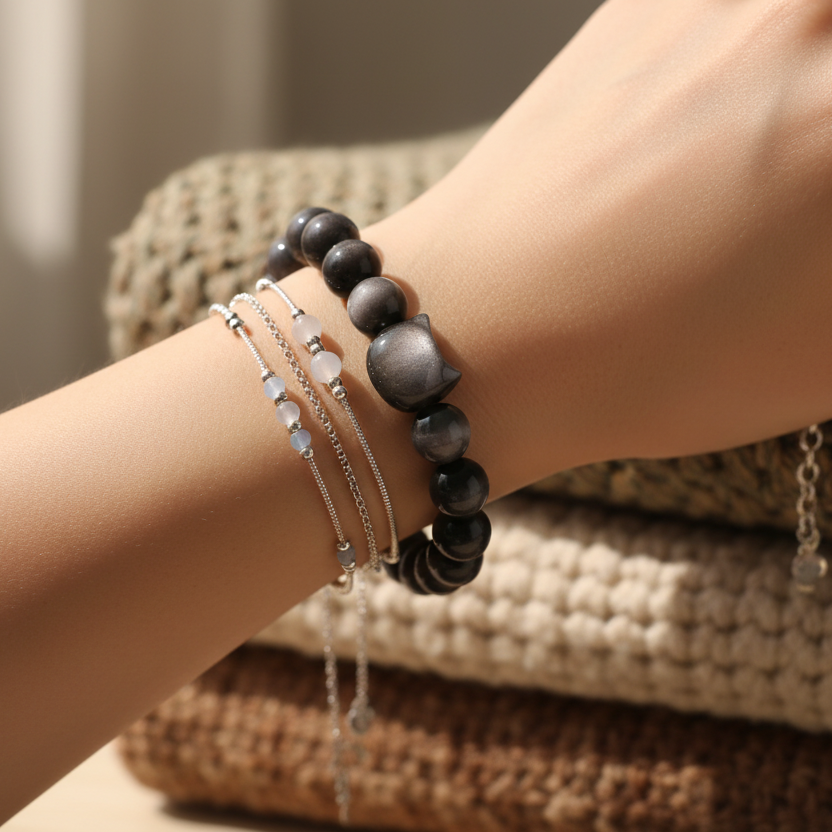 Model's wrist wearing Silver Obsidian bracelet
