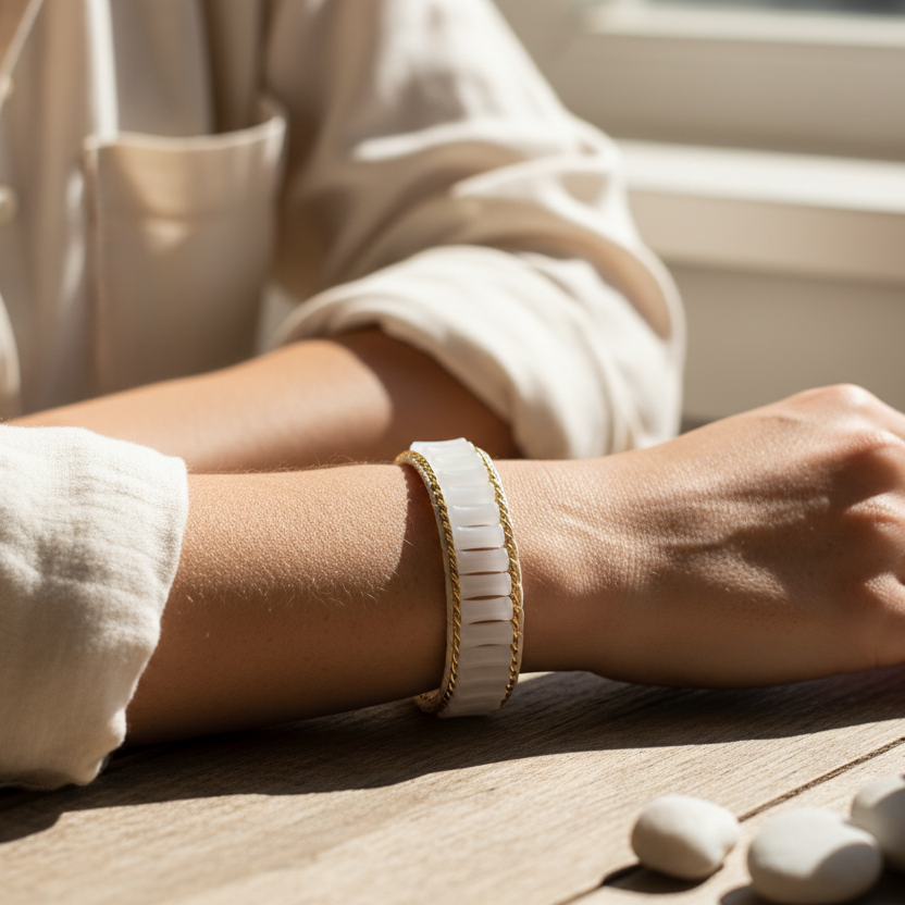 Model's wrist wearing white and gold bracelet