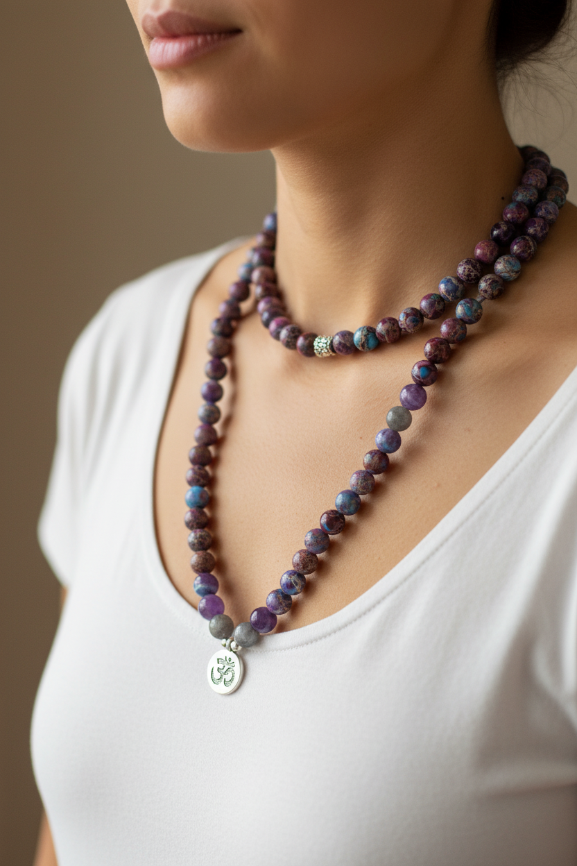 Photorealistic close-up of Mala worn in 2 layers