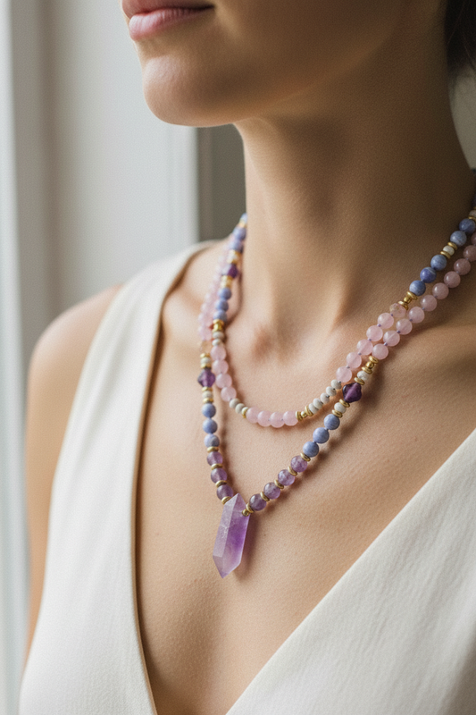 Photorealistic model wearing gemstone necklace double-layered