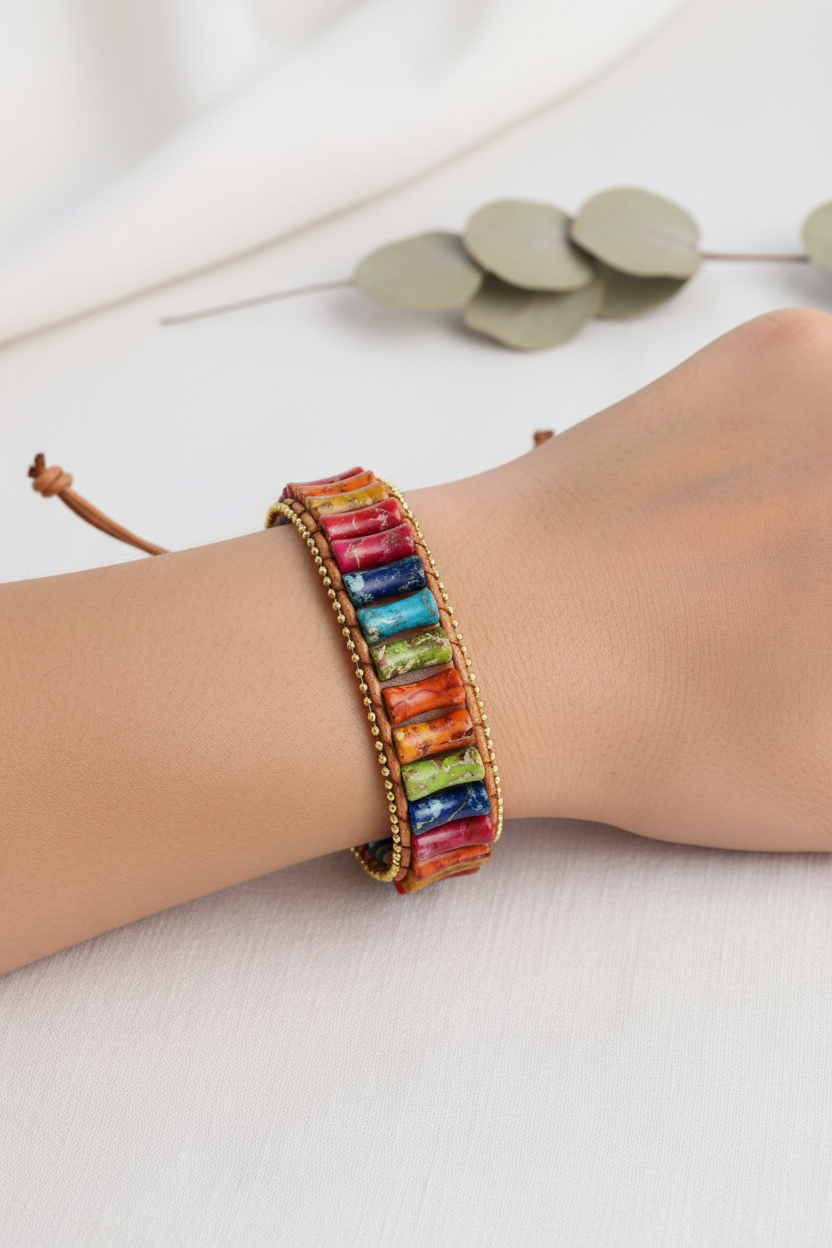 Rainbow wrap bracelet on model's wrist