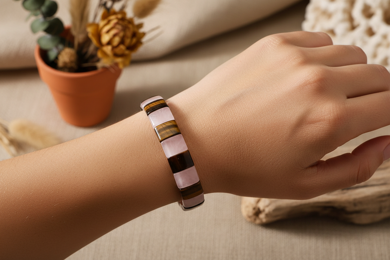 Tiger Eye & Rose Quartz Tile Bracelet on Model