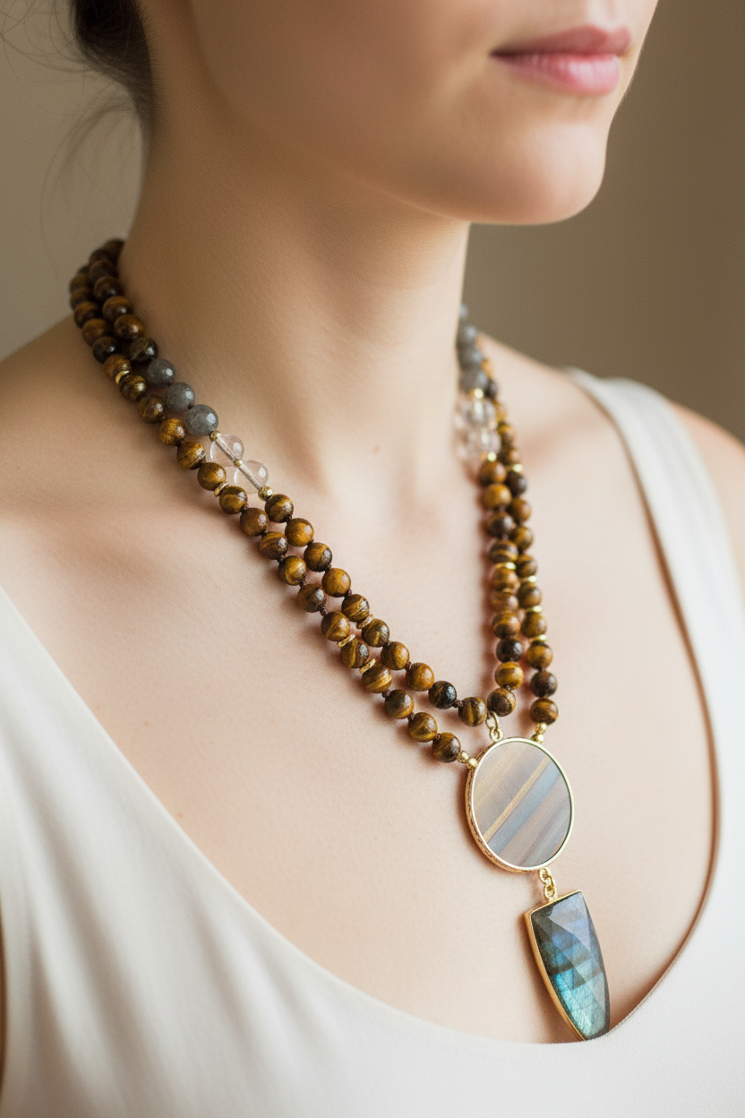 Tiger's eye necklace on model - mid-length