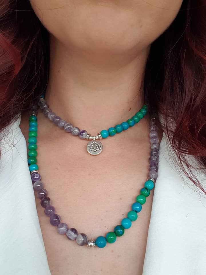 Natural Amethyst & Chrysocolla 108 Beads Mala Necklace Wrap Bracelet