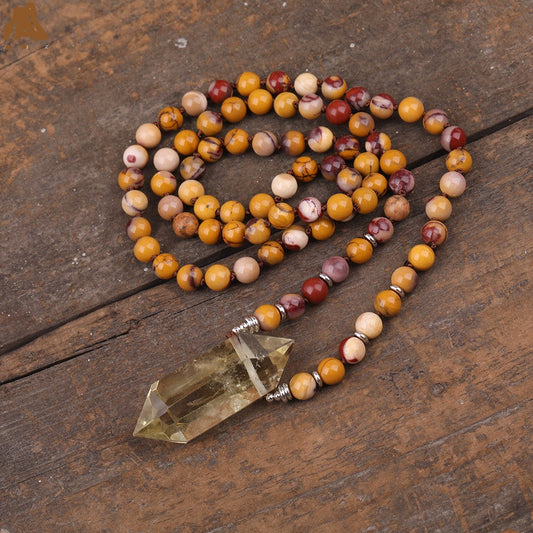 Natural Smokey Yellow Quartz Double Point Pendant and Yellow Jasper 108 Mala Beads