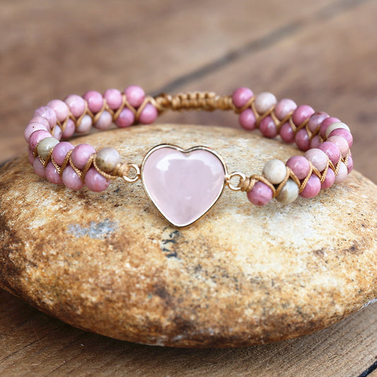 Natural Rhodonite & Rose Quartz Heart Bracelet