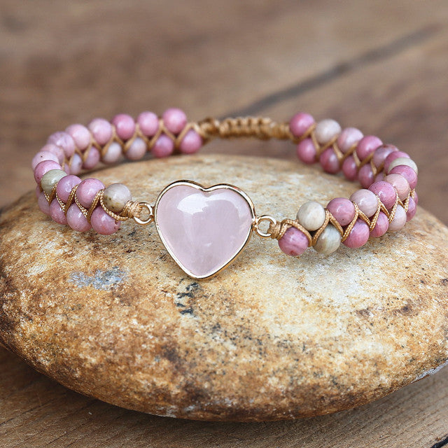 Natural Rhodonite & Rose Quartz Heart Bracelet