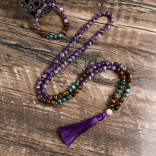 108 Natural Tiger Eye, Amethyst & African Turquoise Mala Beads Necklace