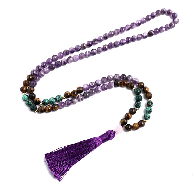 108 Natural Tiger Eye, Amethyst & African Turquoise Mala Beads Necklace