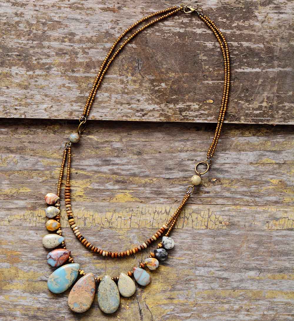 Multi-layered Choker Necklace with Natural Imperial Jasper & Agate Beads
