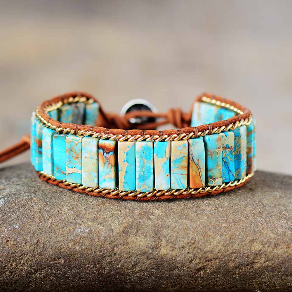 Natural Turquoise Jasper & Weaving Chain Leather Wrap Bracelet