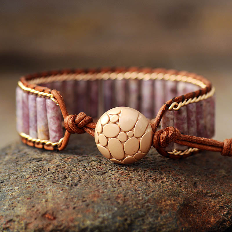 Natural Pink Jasper & Weaving Chain Leather Wrap Bracelet