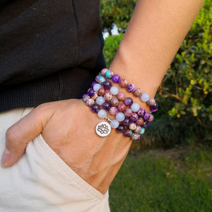 Natural Light Blue Agate, Purple Jasper & Amethyst 108 Mala Beads Necklace / Bracelet