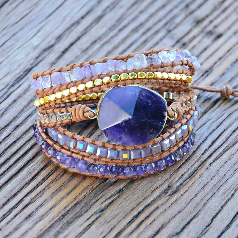 Natural Amethyst & Crystals Leather Wrap Bracelet