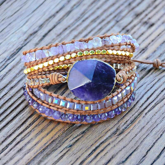 Natural Amethyst & Crystals Leather Wrap Bracelet