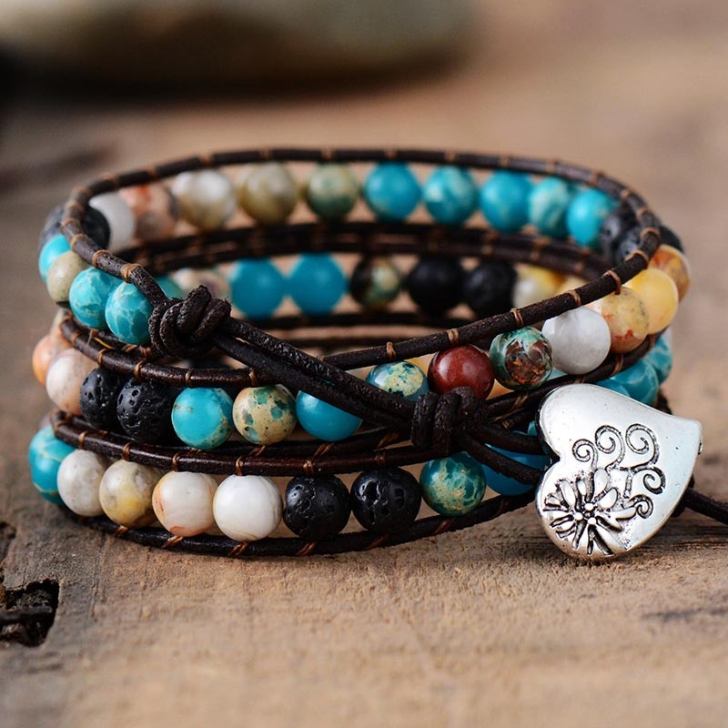 Natural Jasper & Lava Stones Leather Wrap Bracelet