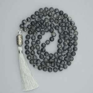 Tibetan 108 Natural Black Labradorite Mala Beads & Om Mani Padme Hum Wheel Necklace / Bracelet