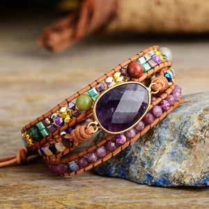 Bohemian Leather Wrap Bracelet with Natural Amethyst Charm