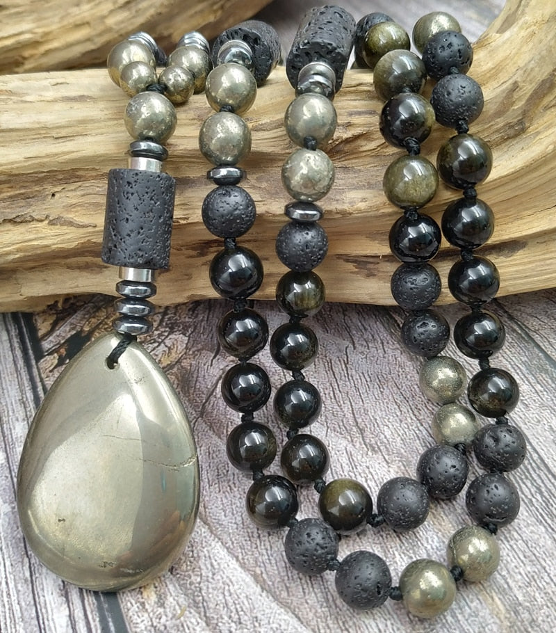 Natural Hematite, Golden Obisdian, Lava Stones & Pyrite Necklace