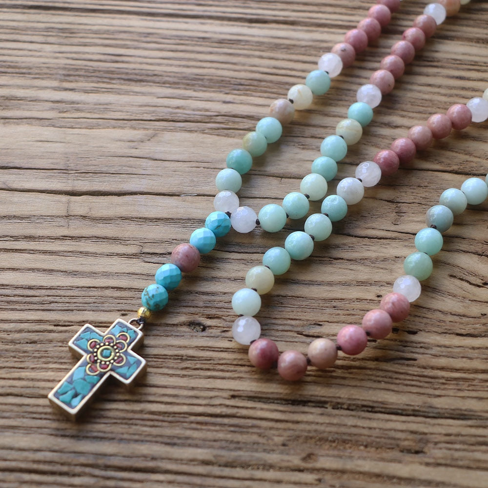 Natural Amazonite, Clear Quartz, Rhodonite & Turquoise Cross Necklace