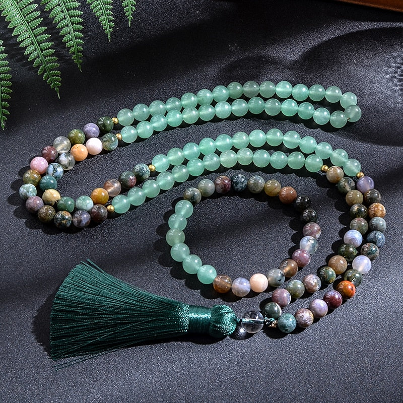 108 Natural Indian Agate & Green Aventurine Mala Beads Necklace