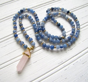 Natural Blue Aventurine & Rose Quartz Pendant Mala Necklace / Bracelet