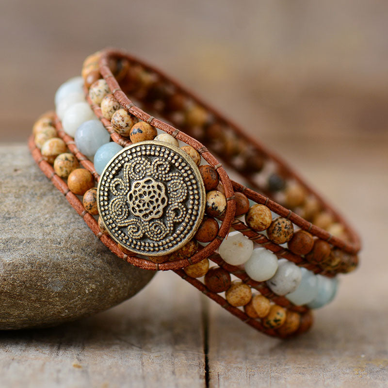 Natural Jasper & Agates Beads Cuff Leather Bracelet