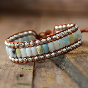 Natural Amazonite & Antique Metal Beads Leather Wrap Bracelet