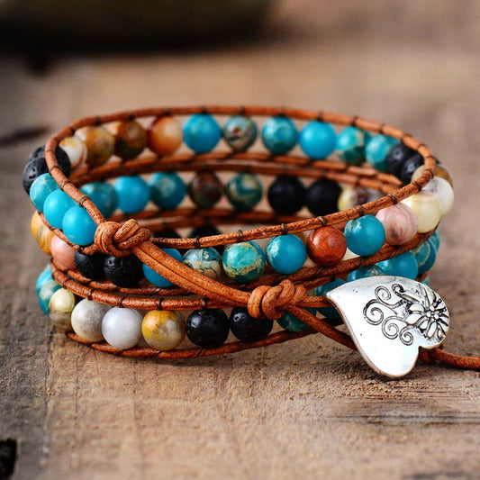 Natural Jasper & Lava Stones Leather Wrap Bracelet