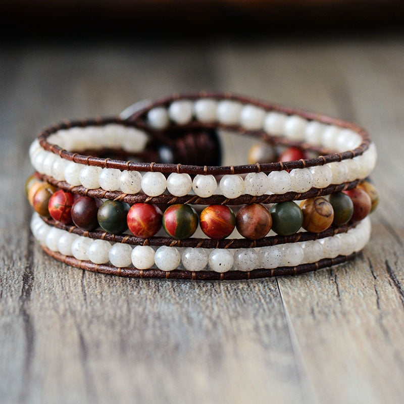 Natural Picasso Jasper & Labradorite Leather Wrap Bracelet