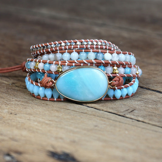 Natural Quartz & Amazonite Leather Wrap Bracelet