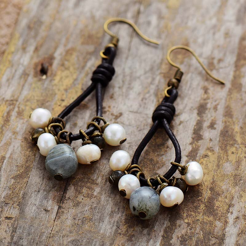 Natural Leather Earrings with Freshwater Pearls & Labradorite Beads