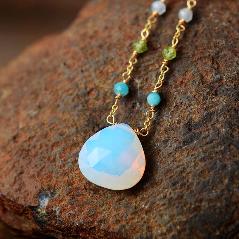 Natural Opal Teardrop Pendant Chain Necklace