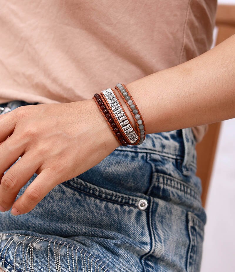 Natural Garnet & Labradorite Leather Wrap Bracelet