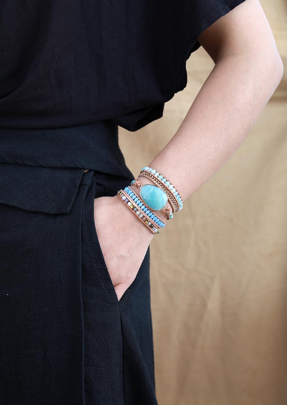 Natural Amazonite & Crystals Leather Wrap Bracelet