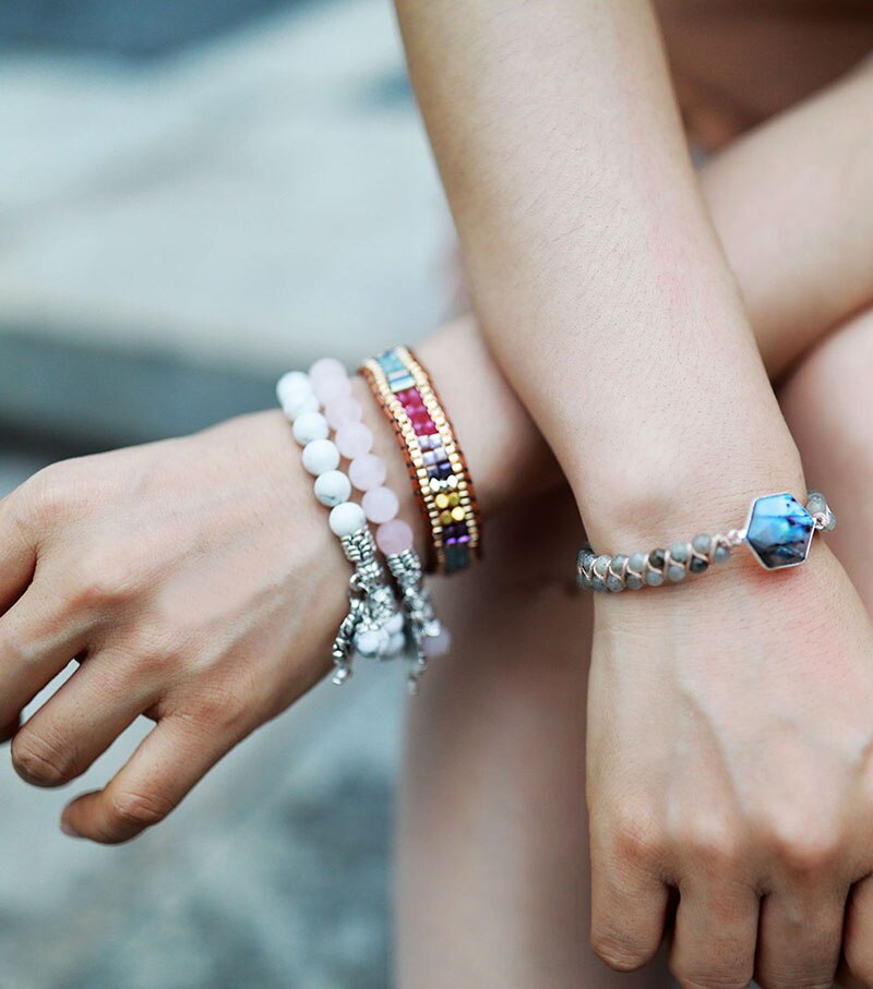 Natural Jade & Crystals Leather Wrap Bracelet