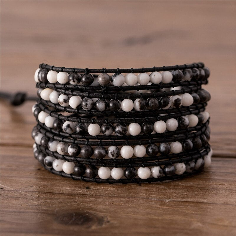 Natural Zebra Jasper Leather Wrap Bracelet