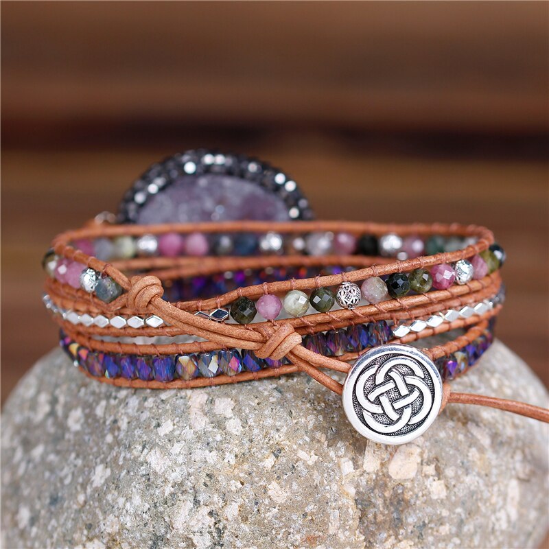 Natural Tourmaline & Amethyst Druzy Leather Wrap Bracelet