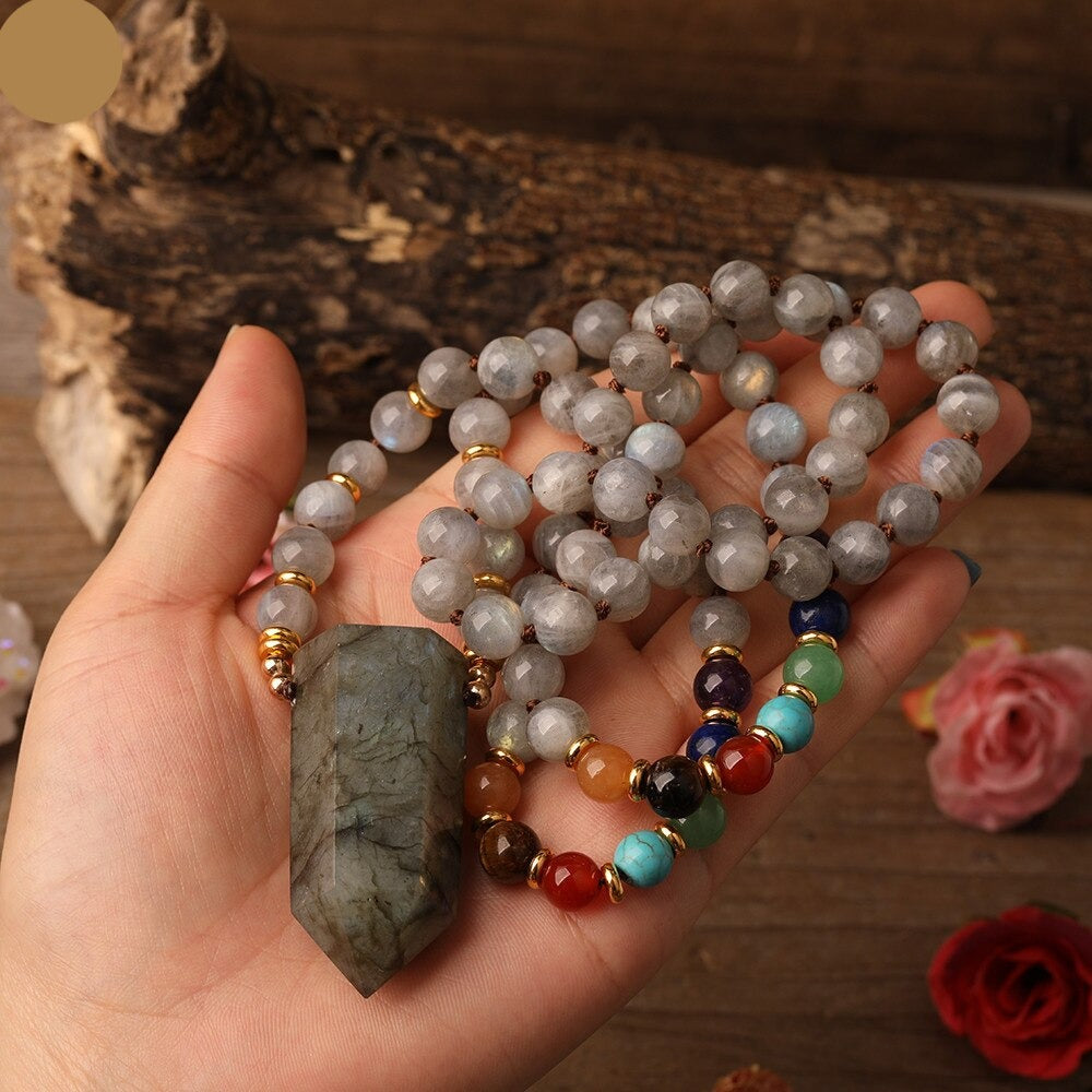 Natural Labradorite & 7 Chakras Stones Wand Necklace