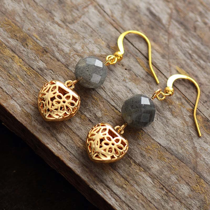 Natural Labradorite & Heart Dangle Earrings