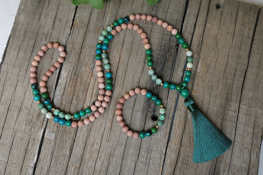 Rare Natural Sandstone, Chrysocolla & Jade 108 Beads Mala Necklace / Bracelet