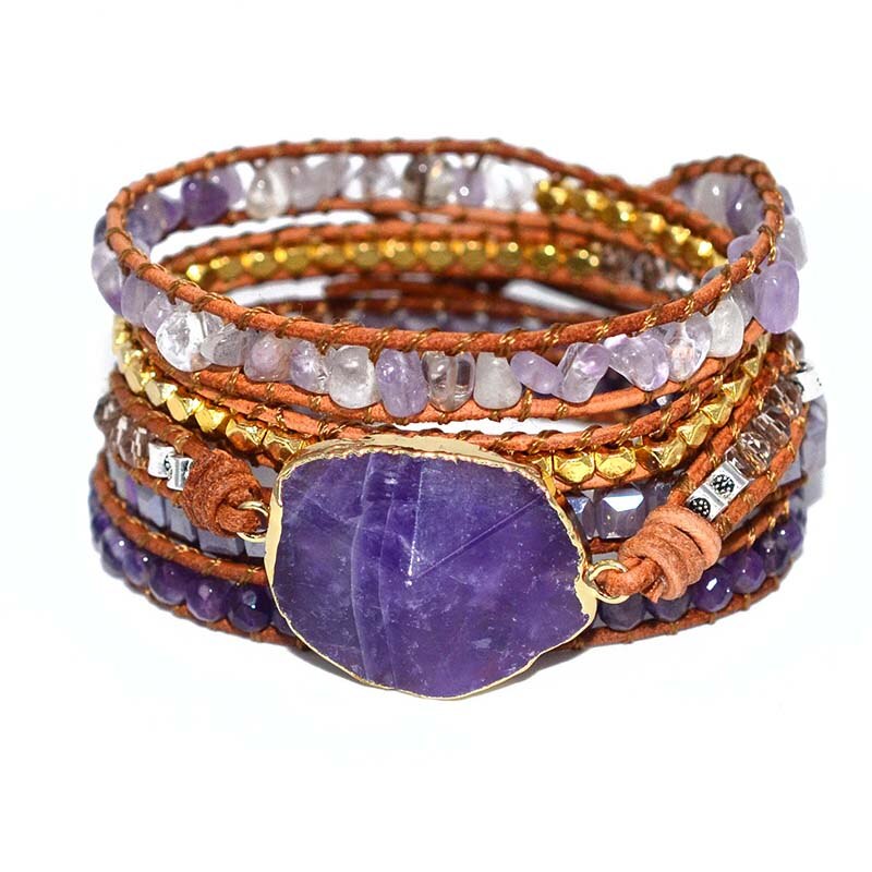 Natural Amethyst & Crystals Leather Wrap Bracelet