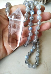 Natural Clear Quartz Double Point Pendant & Labradorite Stone Beads Necklace