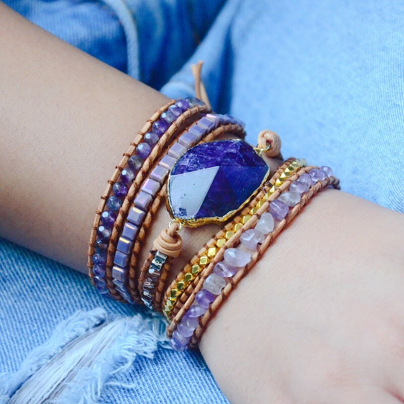 Natural Amethyst & Crystals Leather Wrap Bracelet