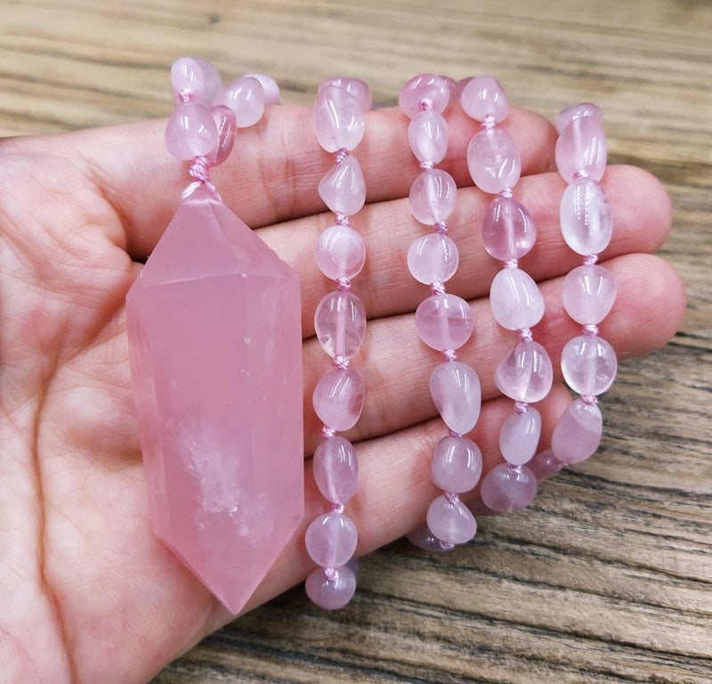 Natural Rose Quartz Prism Pendant Necklace