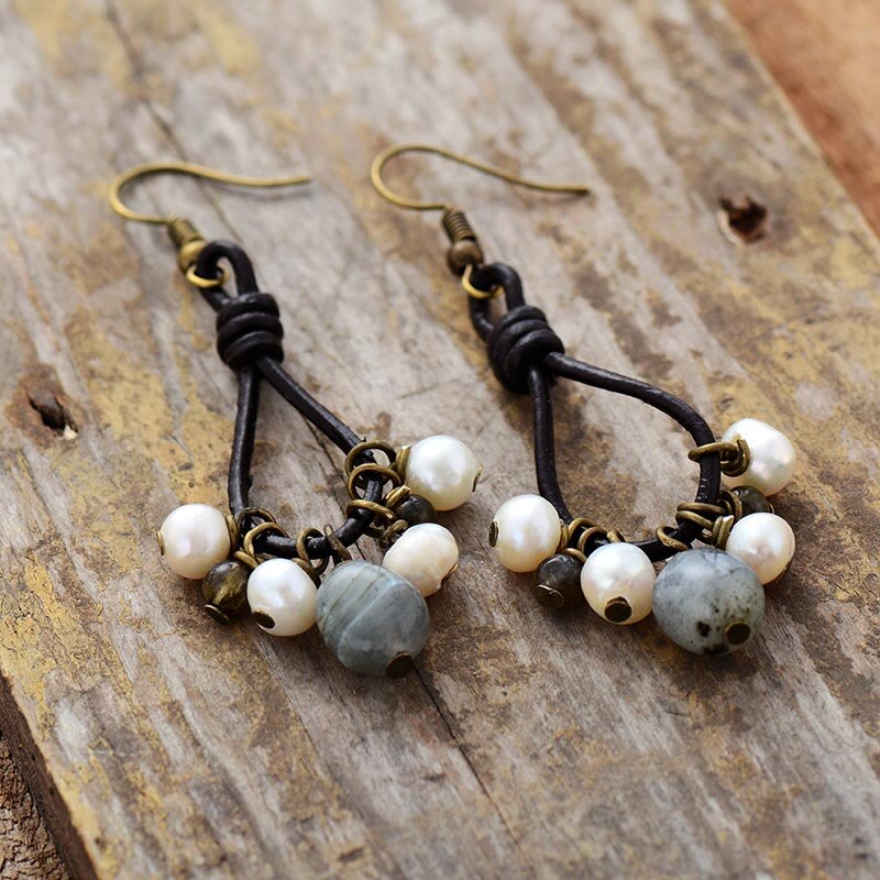 Natural Leather Earrings with Freshwater Pearls & Labradorite Beads